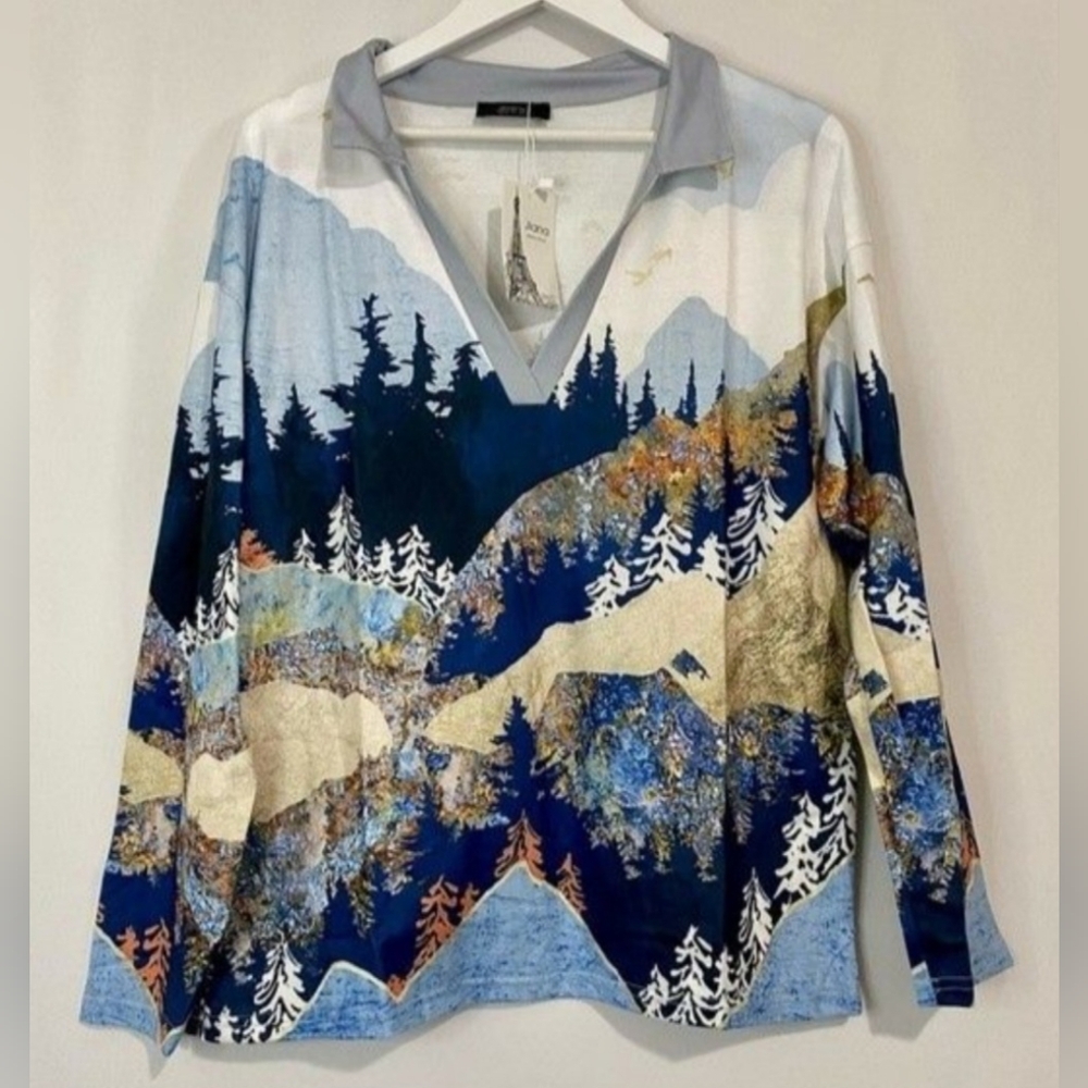 Jiana Women’s Autumn Forest Scene Collared V Neck Long Sleeve Top Blue  NWT